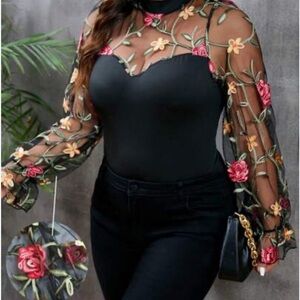 Floral Embroidered Black Bodysuit